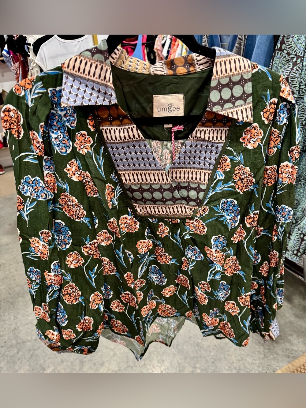 umgee Olive Floral Patchwork V-Neck Blouse
